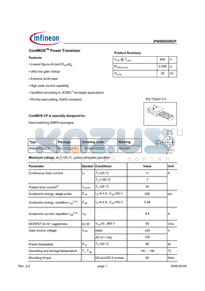 IPW60R299CP datasheet - CoolMOS Power Transistor
