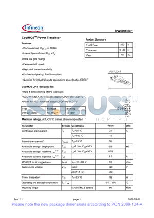 IPW50R140CP datasheet - CoolMOS Power Transistor