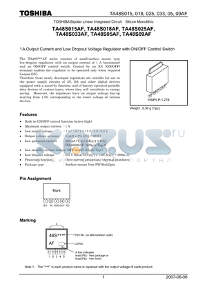 TA48S033AF datasheet - 1A Output Current and Low Dropout Voltage Regulator with ON/OFF Control Switch