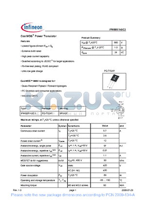 IPW90R1K0C3 datasheet - CoolMOS Power Transistor