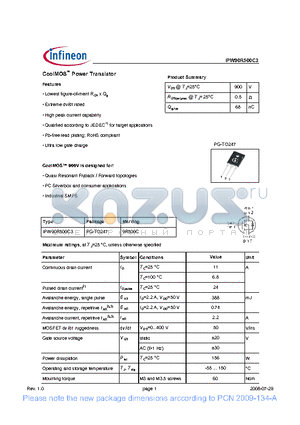 IPW90R500C3 datasheet - CoolMOS Power Transistor