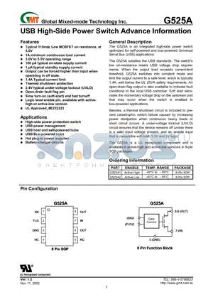 G525A2 datasheet - USB High-Side Power Switch Advance Information