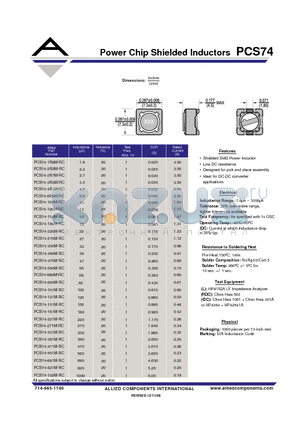 PCS74-560M-RC datasheet - Power Chip Shielded Inductors