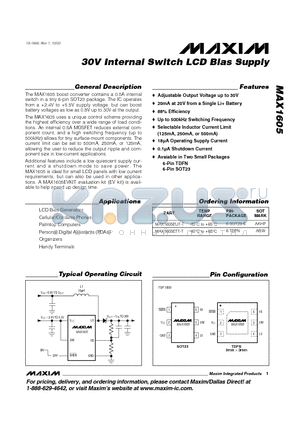 MAX1605ETT-T datasheet - 30V Internal Switch LCD Bias Supply