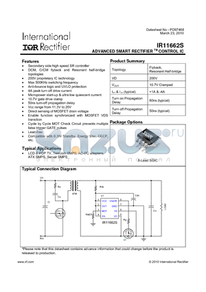 IR11662S datasheet - ADVANCED SMART RECTIFIER TM CONTROL IC