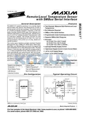 MAX1617 datasheet - Remote/Local Temperature Sensor with SMBus Serial Interface