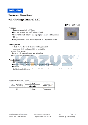 IR19-315C-TR8 datasheet - 0603 Package Infrared LED