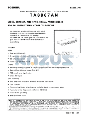 TA8867AN datasheet - VIDEO, CHROMA, AND SYNC. SIGNAL PROCESSING IC FOR PAL/NTSC-SYSTEM COLOR TELEVISIONS