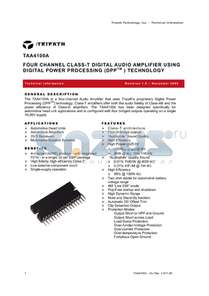 TAA4100A datasheet - FOUR CHANNEL CLASS-T DIGITAL AUDIO AMPLIFIER USING DIGITAL POWER PROCESSING (DPPTM ) TECHNOLOGY