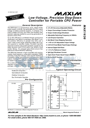 MAX1636 datasheet - Low-Voltage, Precision Step-Down Controller for Portable CPU Power