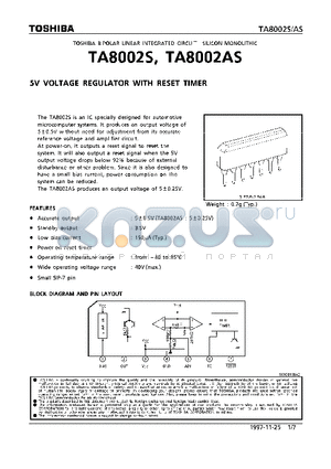 TA8002S datasheet - 5V VOLTAGE REGULATOR WITH RESET TIMER