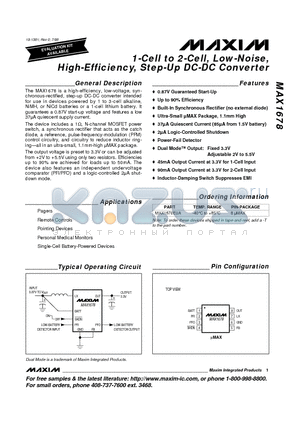 MAX1678EUA datasheet - 1-Cell to 2-Cell, Low-Noise, High-Efficiency, Step-Up DC-DC Converter