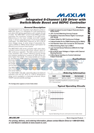 MAX16807AUI+ datasheet - Integrated 8-Channel LED Driver with Switch-Mode Boost and SEPIC Controller