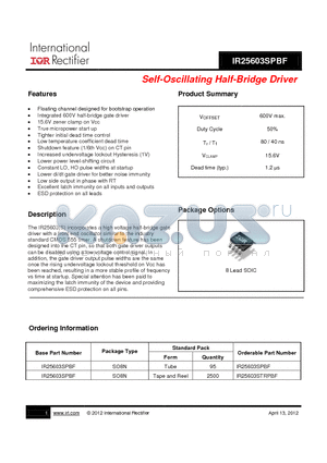 IR25603STRPBF datasheet - Self-Oscillating Half-Bridge Driver