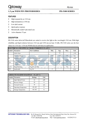 PD-1105 datasheet - 1.3 lm WDM PIN PHOTODIODES