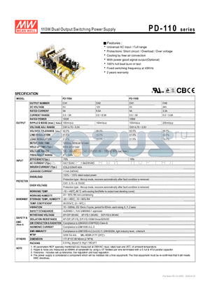 PD-110A datasheet - 110W Dual Output Switching Power Supply