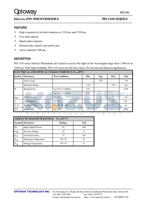 PD-1110-N datasheet - InGaAs PIN PHOTODIODES