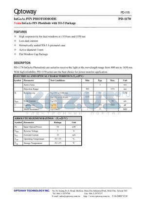 PD-1170 datasheet - InGaAs PIN PHOTODIODE 3 mm InGaAs PIN Photdiode with TO-5 Package