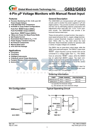 G693 datasheet - 4-Pin UP Voltage Monitors with Manual Reset Input