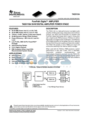 TAS5110ADAD datasheet - PurePath Digital AMPLIFIER TAS5110A 50-W DIGITAL AMPLIFIER POWER STAGE