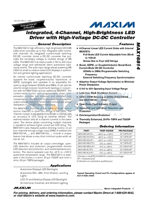 MAX16814UTP+ datasheet - Integrated, 4-Channel, High-Brightness LED Driver with High-Voltage DC-DC Controller