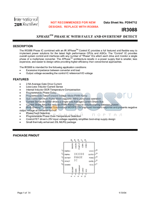 IR3088 datasheet - XPHASE PHASE IC WITH FAULT AND OVERTEMP DETECT