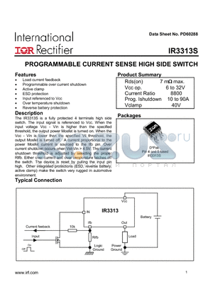 IR3313S datasheet - PROGRAMMABLE CURRENT SENSE HIGH SIDE SWITCH