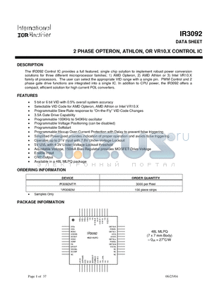 IR3092 datasheet - 2 PHASE OPTERON, ATHLON, OR VR10.X CONTROL IC