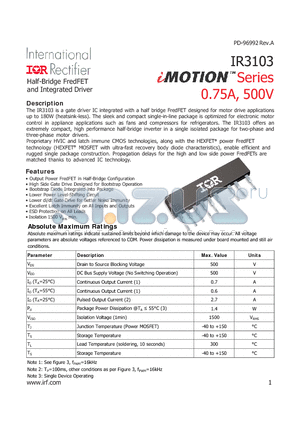 IR3103 datasheet - Half-Bridge FredFET and Integrated Driver