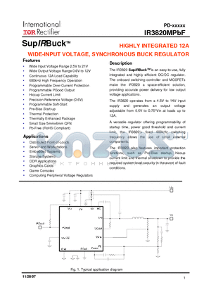 IR3820MPBF datasheet - HIGHLY INTEGRATED 12A WIDE-INPUT VOLTAGE, SYNCHRONOUS BUCK REGULATOR