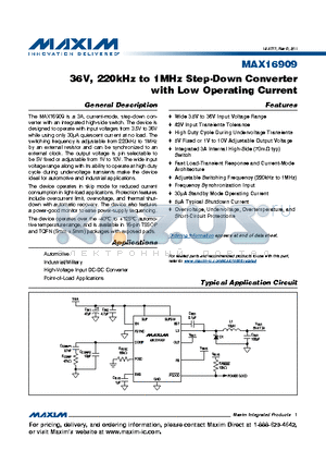 MAX16909 datasheet - 36V, 220kHz to 1MHz Step-Down Converter with Low Operating Current