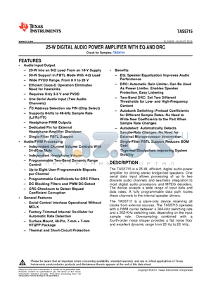 TAS5715PHP datasheet - 25-W DIGITAL AUDIO POWER AMPLIFIER WITH EQ AND DRC