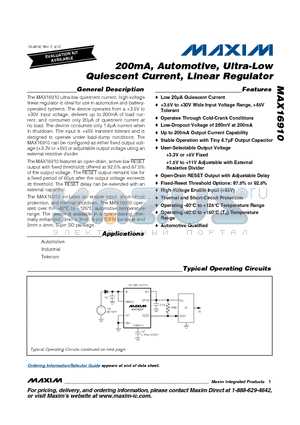 MAX16910 datasheet - 200mA, Automotive, Ultra-Low Quiescent Current, Linear Regulator