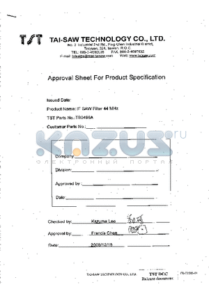 TB0496A datasheet - IF SAW Filter 44MHz(BW=6.0z) for digital TV