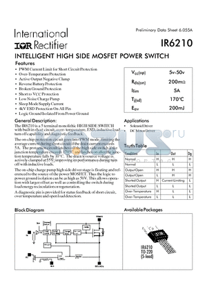 IR6210 datasheet - INTELLIGENT HIGH SIDE MOSFET POWER SWITCH