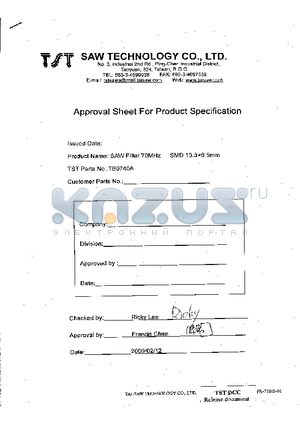 TB0740A datasheet - IF SAW Filter 70MHz(BW=9MHz) SMD 13.3X6.5mm