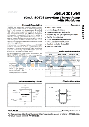 MAX1697REUT-T datasheet - 60mA, SOT23 Inverting Charge Pump with Shutdown