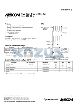 PD10-0040-S datasheet - Two-Way Power Divider 10 - 500 MHz