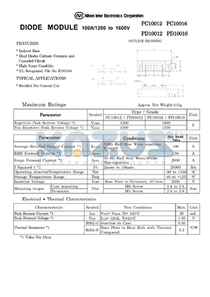 PD10016 datasheet - DIODE MODULE 100A/1200 to 1600V
