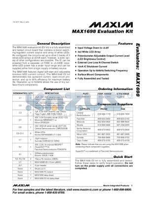 MAX1698 datasheet - Fully assembled and tested circuit board that contains a boost switching-regulator current source and array of white LEDs