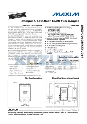 MAX17040 datasheet - Compact, Low-Cost 1S/2S Fuel Gauges