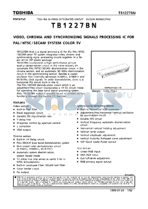 TB1227BN datasheet - VIDEO, CHROMA AND SYNCHRONIZING SIGNALS PROCESSING IC FOR PAL/NTSC/SECAM SYSTEM COLOR TV