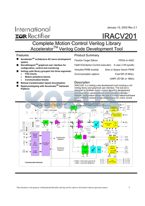 IRACV201 datasheet - Complete Motion Control Verilog Library Accelerator Verilog Code Development Tool