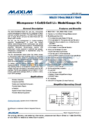 MAX17049 datasheet - Micropower 1-Cell/2-Cell Li ModelGauge ICs