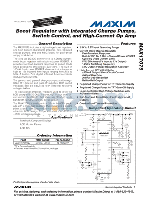 MAX17075ETG+ datasheet - Boost Regulator with Integrated Charge Pumps, Switch Control, and High-Current Op Amp