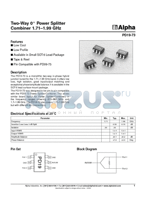 PD19-73 datasheet - Two-Way 0` Power Splitter Combiner 1.71-1.99 GHz