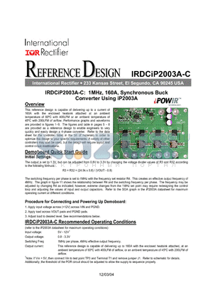 IRDCIP2003A-C datasheet - 1MHz, 160A, Synchronous Buck Converter Using iP2003A