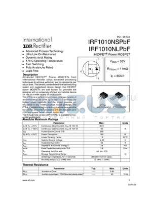 IRF1010NLPBF datasheet - HEXFET^ Power MOSFET