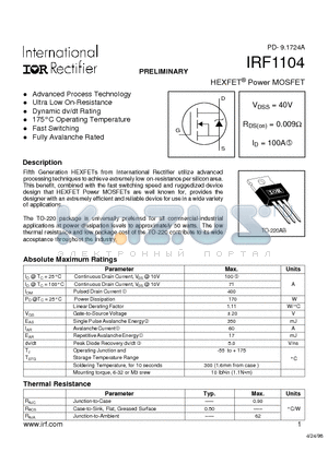 IRF1104 datasheet - Power MOSFET(Vdss=40V, Rds(on)=0.009ohm, Id=100A)