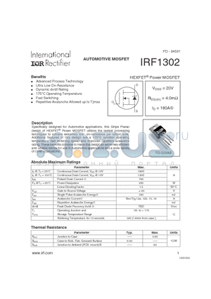 IRF1302 datasheet - Power MOSFET(Vdss=20V, Rds(on)=4.0mohm, Id=180A)